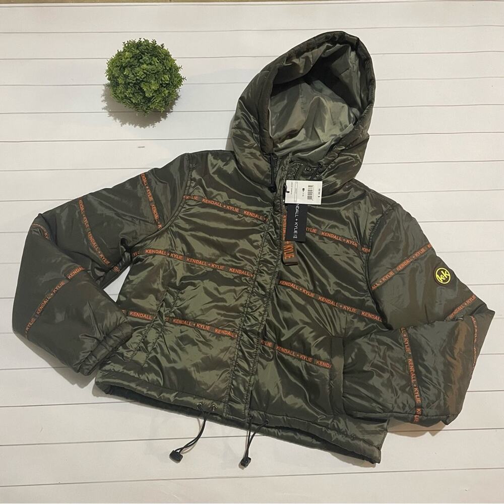 Kendall + Kylie NWT Olive Green Orange Logo Stripe Puffer Coat Jacket Large